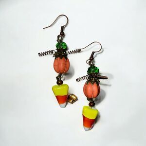 Candy Corn Pumpkin Bicone Bead Dangle Drop Earrings